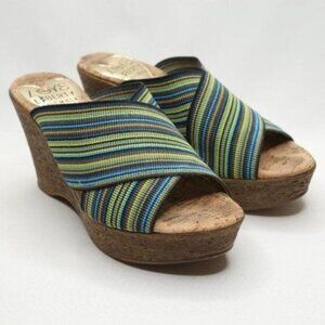 Love and Liberty Beachwalk Women's Size 37 Green Stripe Cork Wedge Slide Sandals